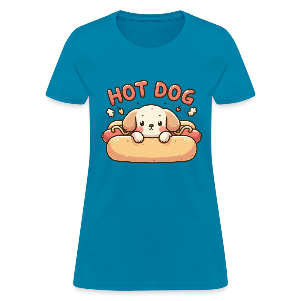 Hot Dog Women's Contoured T-Shirt (Puppy inside Hot Dog Bun) - turquoise