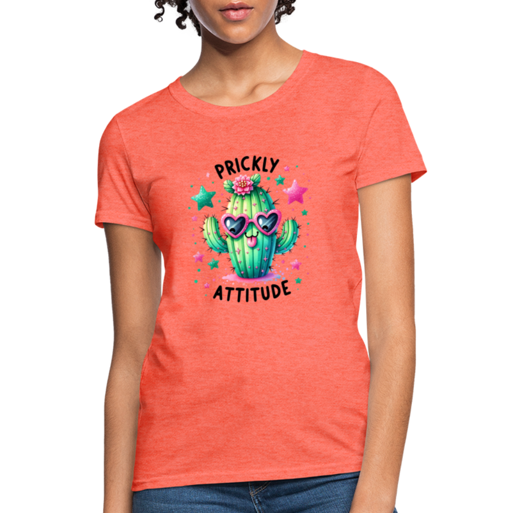 Prickly Attitude Women's Contoured T-Shirt (Cactus with Attitude) - heather coral