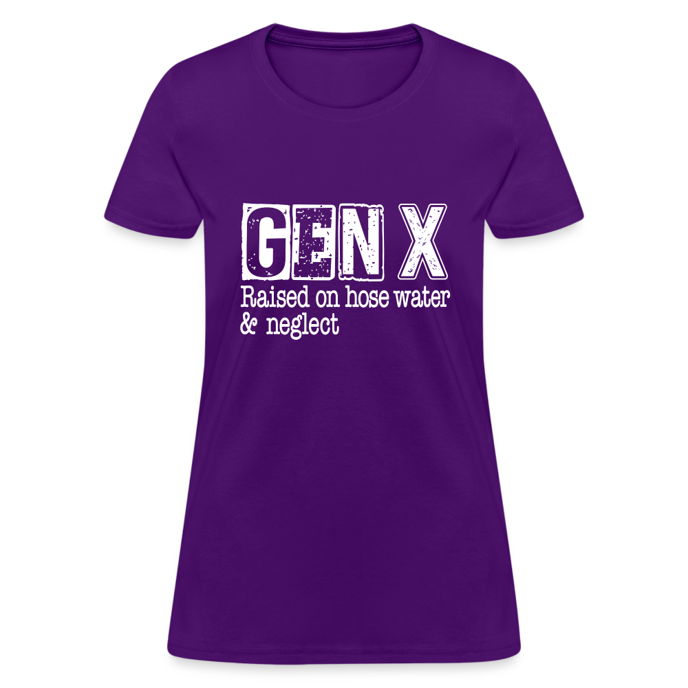 GEN X (Raised on hose water & neglect) Women's Contoured T-Shirt - purple