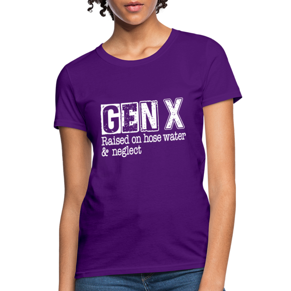 GEN X (Raised on hose water & neglect) Women's Contoured T-Shirt - purple