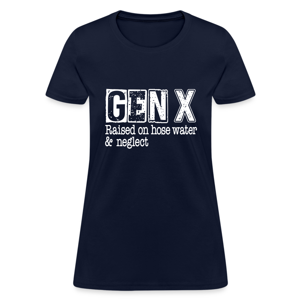 GEN X (Raised on hose water & neglect) Women's Contoured T-Shirt - navy