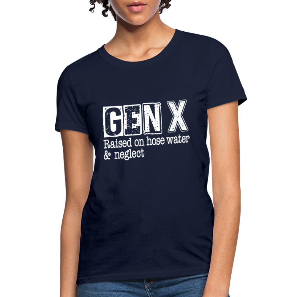 GEN X (Raised on hose water & neglect) Women's Contoured T-Shirt - navy