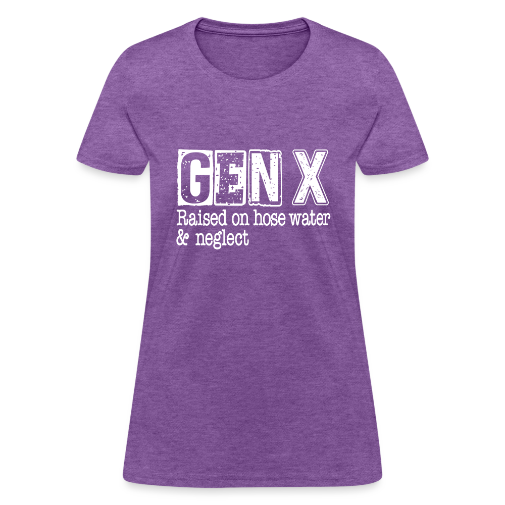 GEN X (Raised on hose water & neglect) Women's Contoured T-Shirt - purple heather