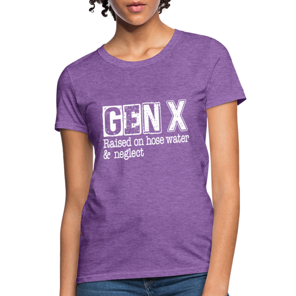 GEN X (Raised on hose water & neglect) Women's Contoured T-Shirt - purple heather