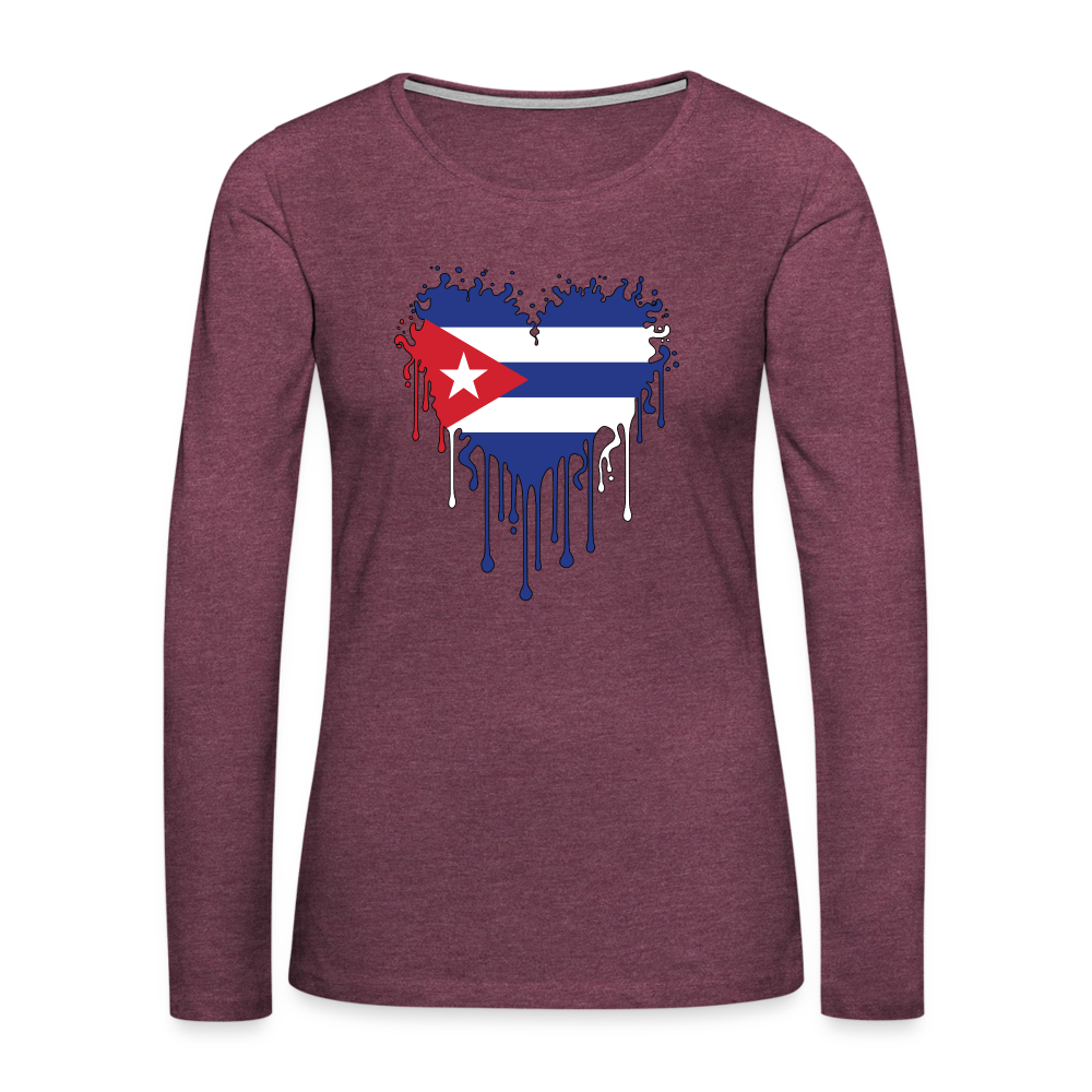 Bleeding Cuban Flag Heart Women's Premium Long Sleeve T-Shirt - heather burgundy