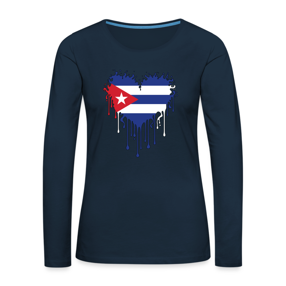 Bleeding Cuban Flag Heart Women's Premium Long Sleeve T-Shirt - deep navy