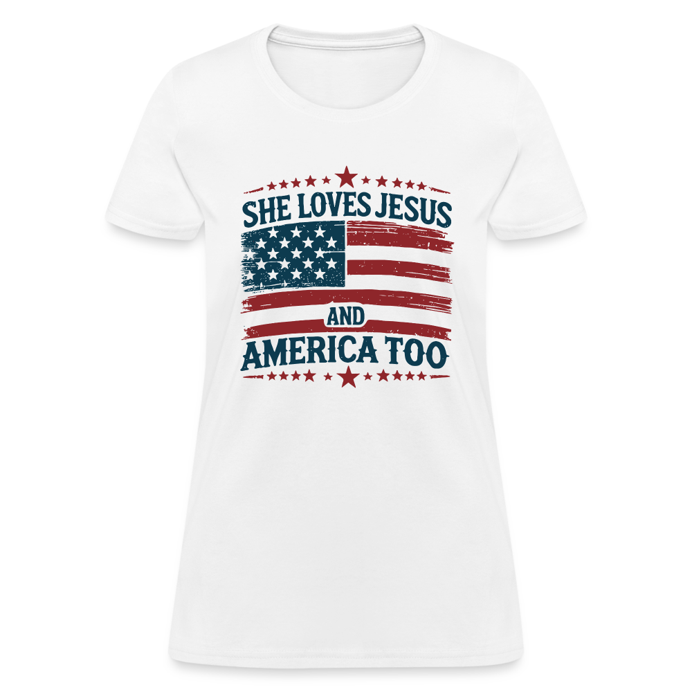 She Loves Jesus and America Too Women's T-Shirt - white