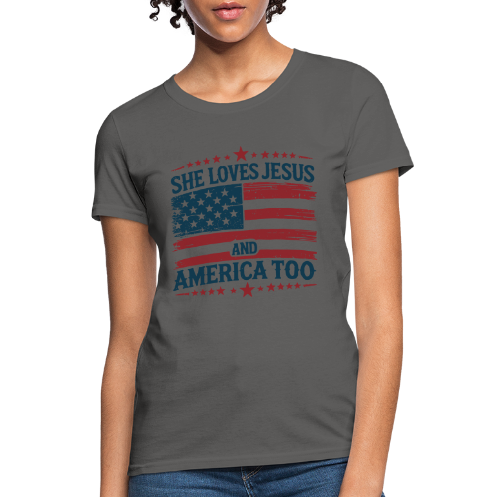 She Loves Jesus and America Too Women's T-Shirt - charcoal