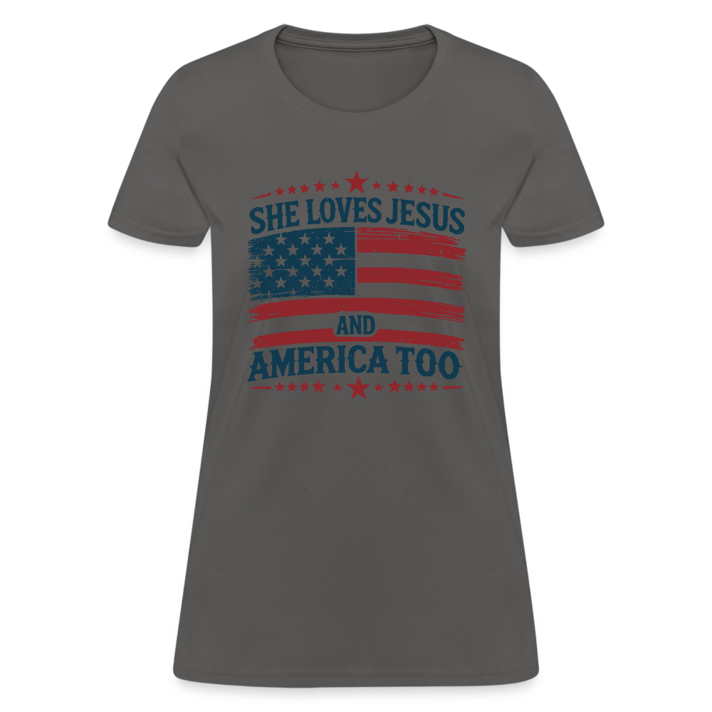 She Loves Jesus and America Too Women's T-Shirt - charcoal