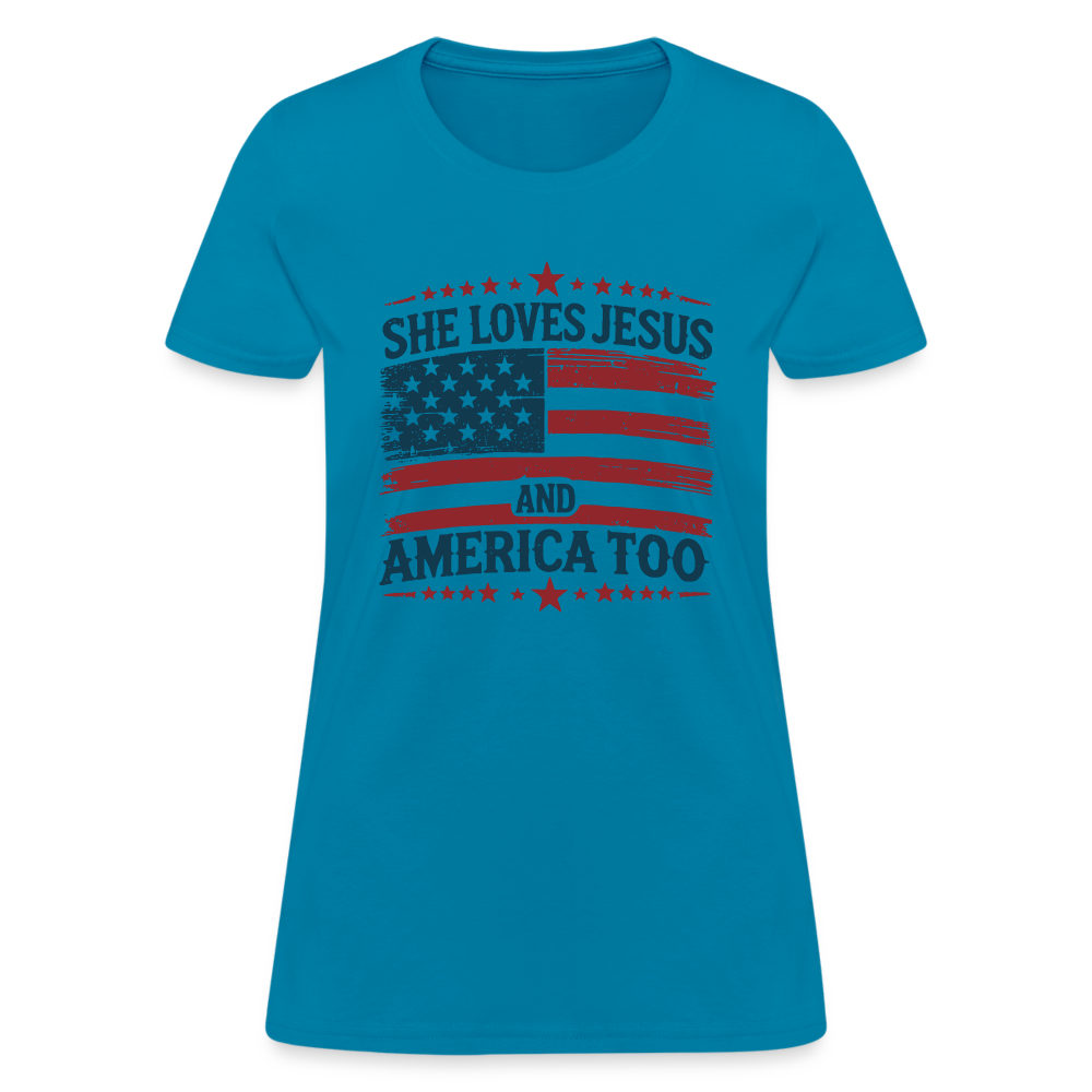 She Loves Jesus and America Too Women's T-Shirt - turquoise