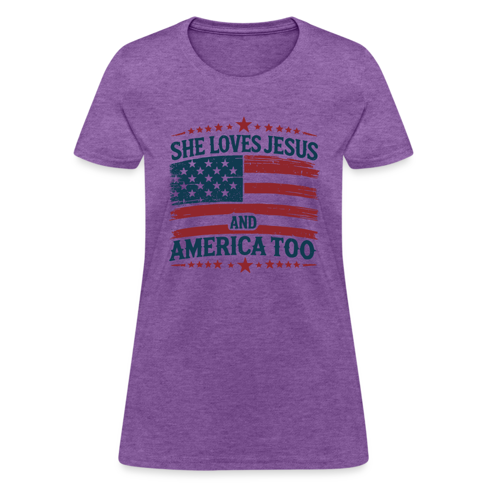 She Loves Jesus and America Too Women's T-Shirt - purple heather