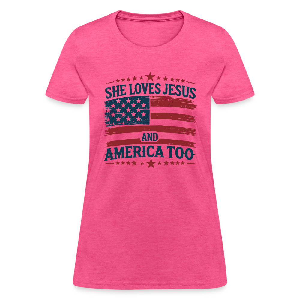 She Loves Jesus and America Too Women's T-Shirt - heather pink