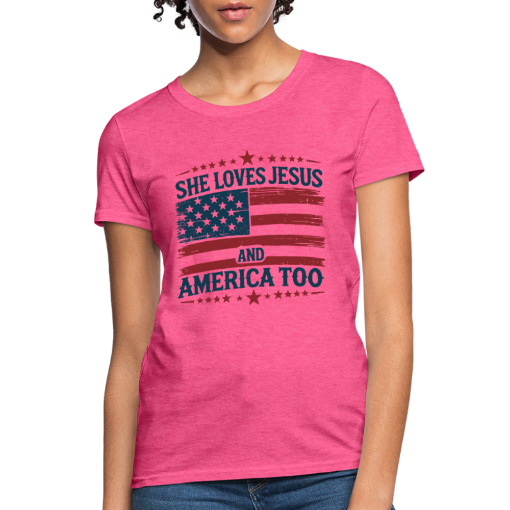 She Loves Jesus and America Too Women's T-Shirt - heather pink