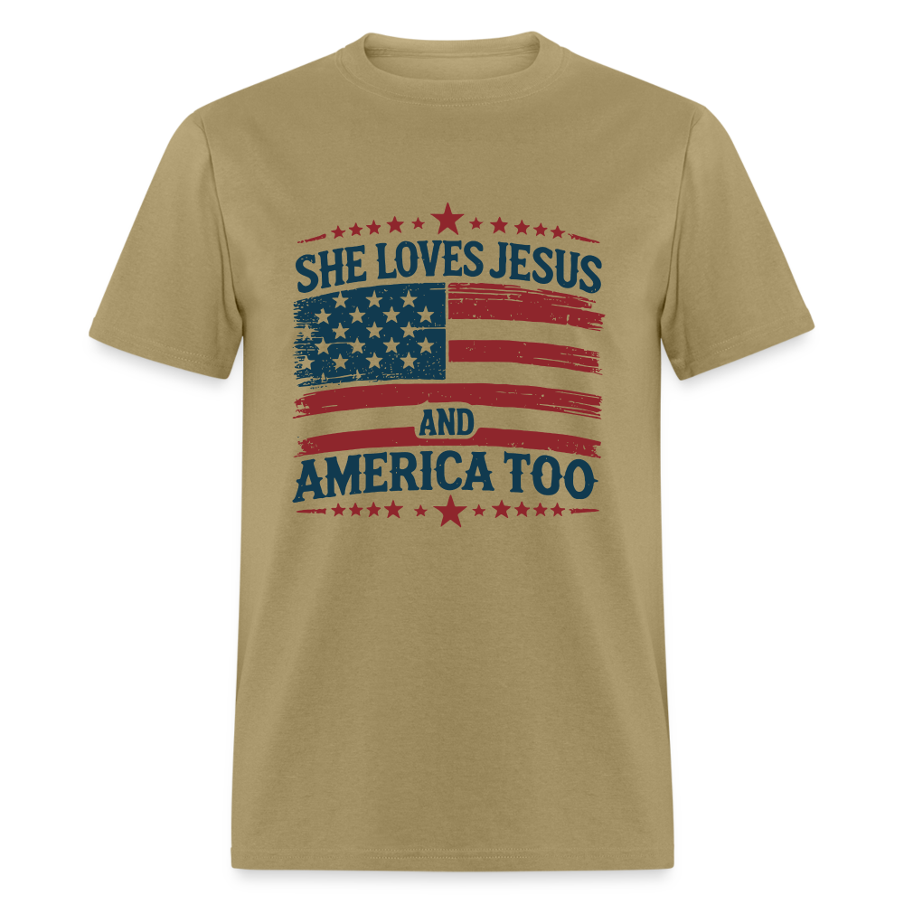 She Loves Jesus and America Too T-Shirt - khaki