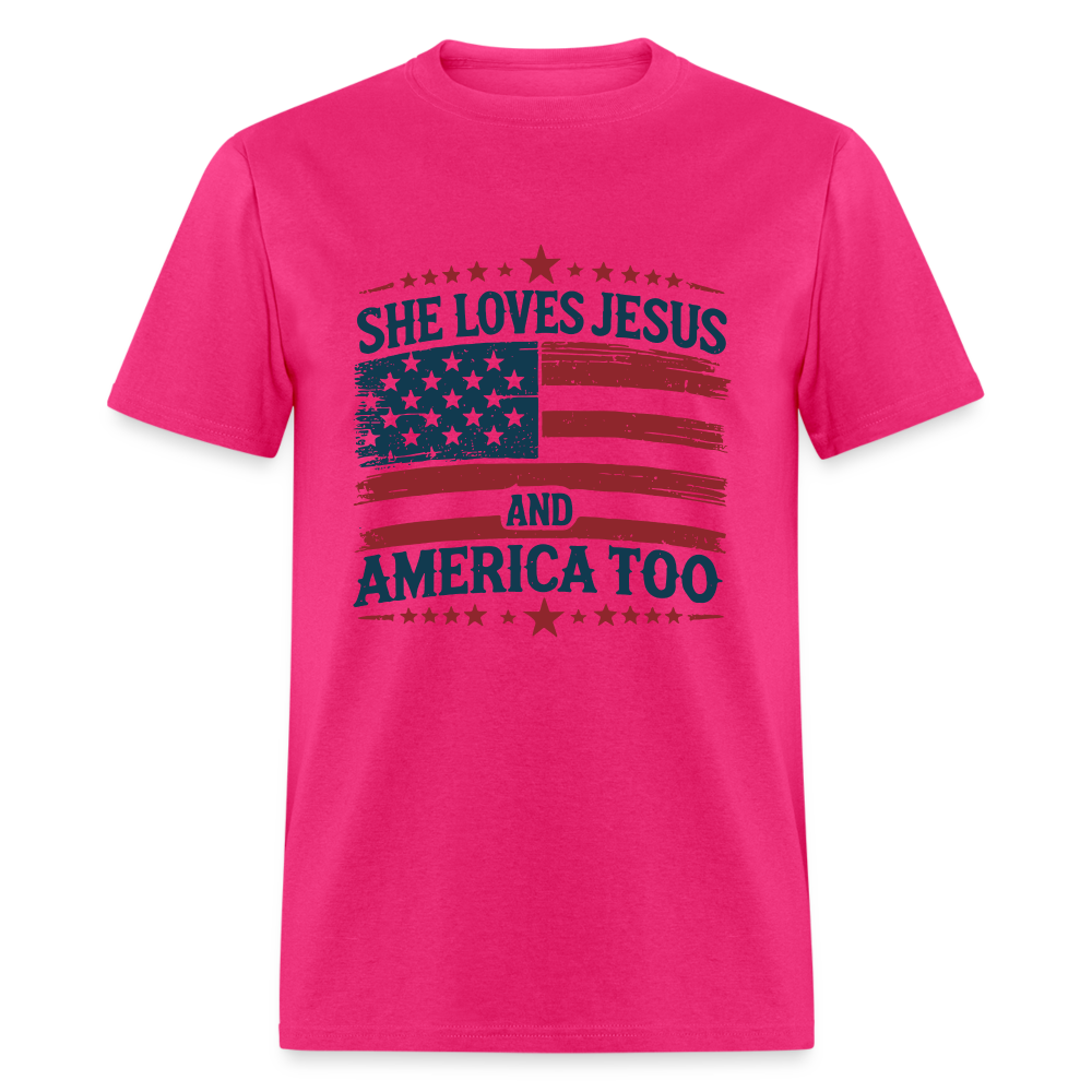 She Loves Jesus and America Too T-Shirt - fuchsia