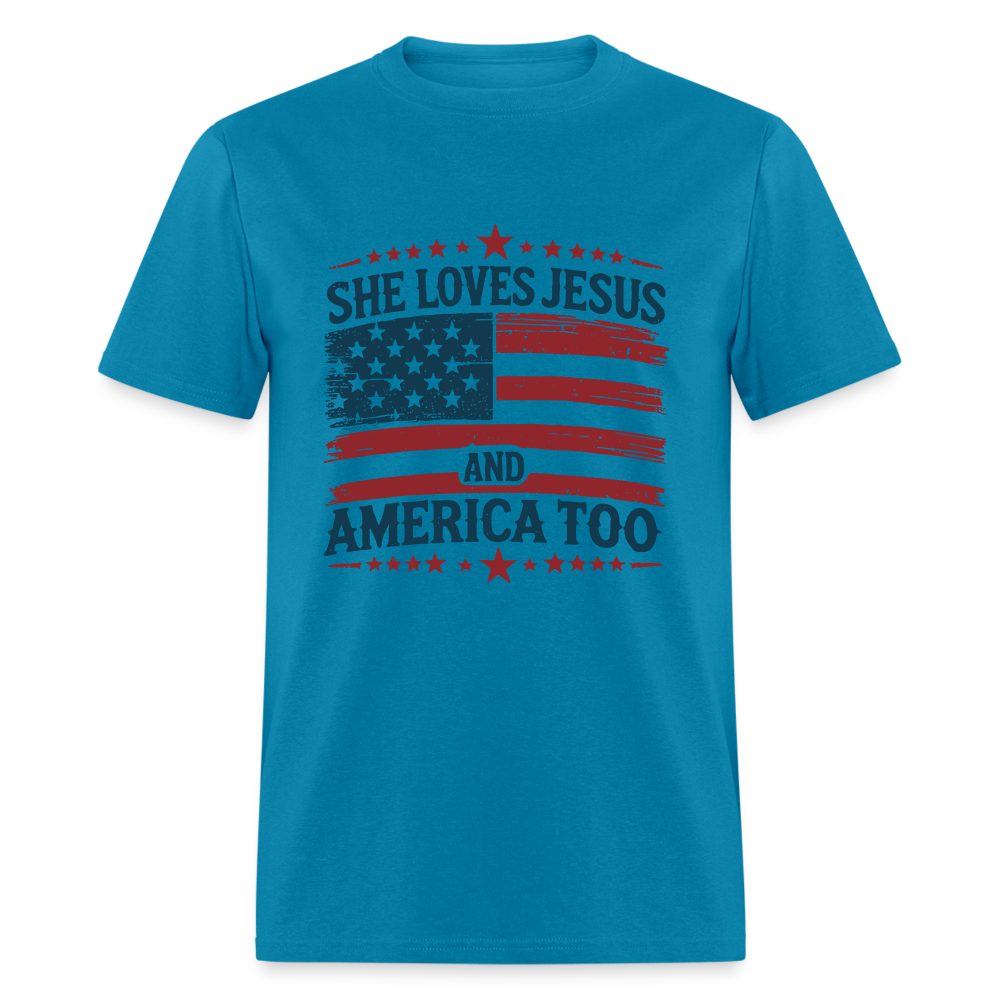 She Loves Jesus and America Too T-Shirt - turquoise