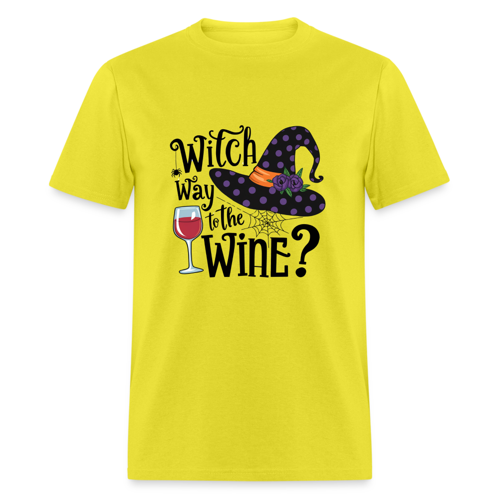 Witch Way To the Wine (Halloween Party Humor) T-Shirt - yellow