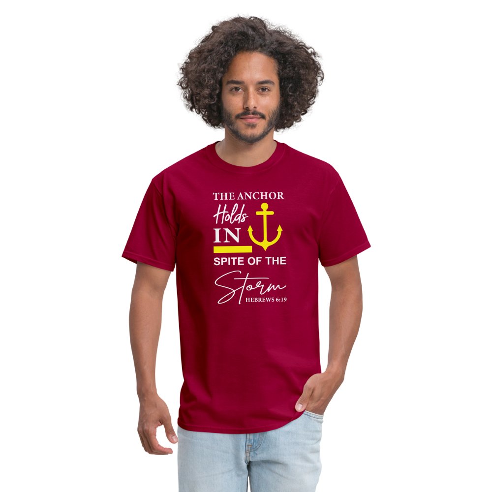 The Anchor Holds in Spite of the Storm (Hebrews 6:19) T-Shirt - dark red