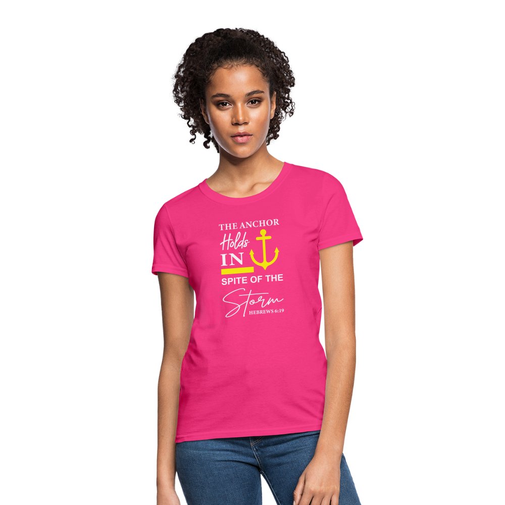 The Anchor Holds in Spite of the Storm (Hebrews 6:19) Women's Contoured T-Shirt - fuchsia