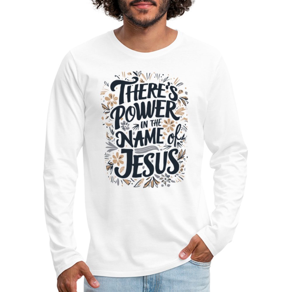 There's Power in the Name of Jesus Men's Premium Long Sleeve T-Shirt - heather gray