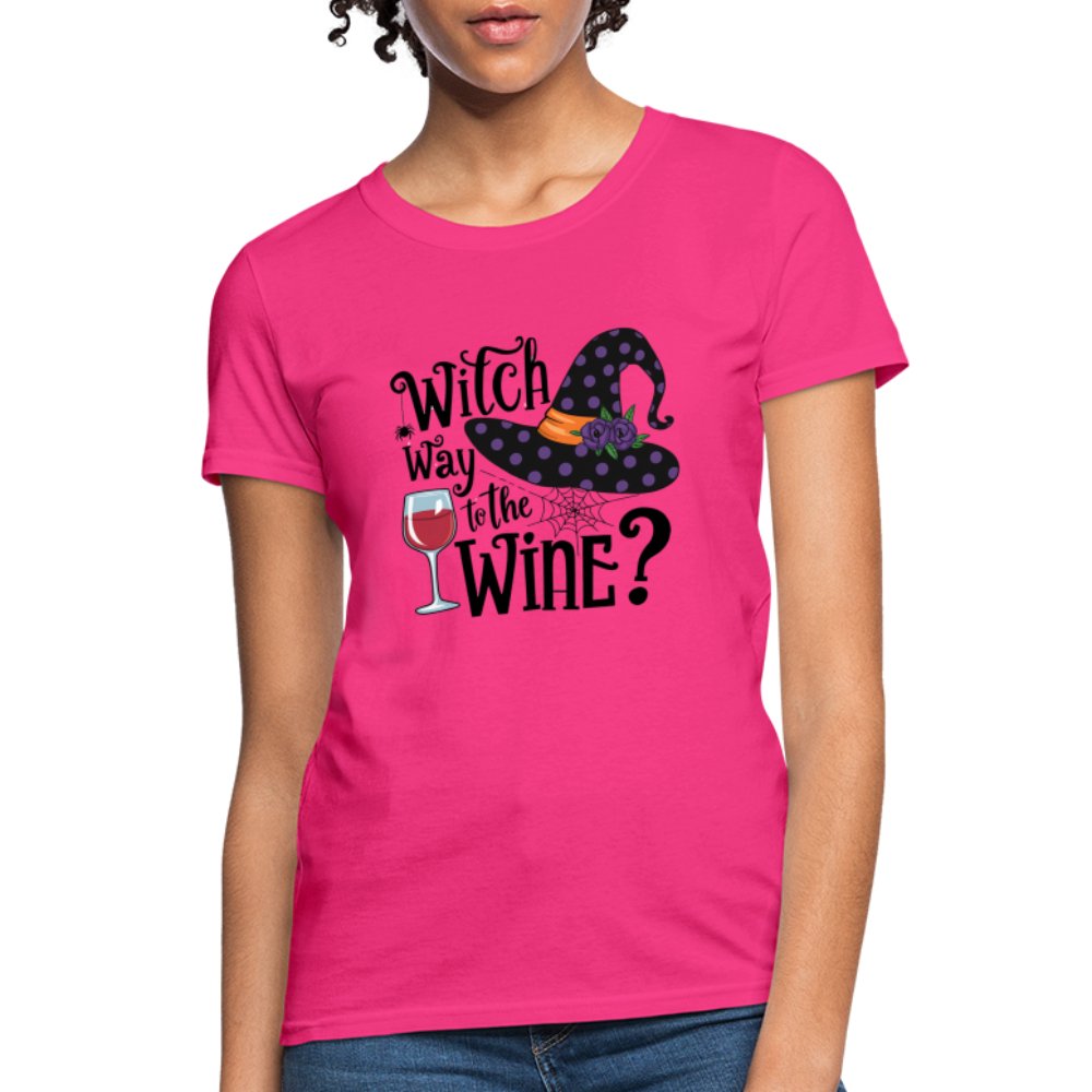 Witch Way To the Wine (Halloween Party Humor) Women's Contoured T-Shirt - fuchsia